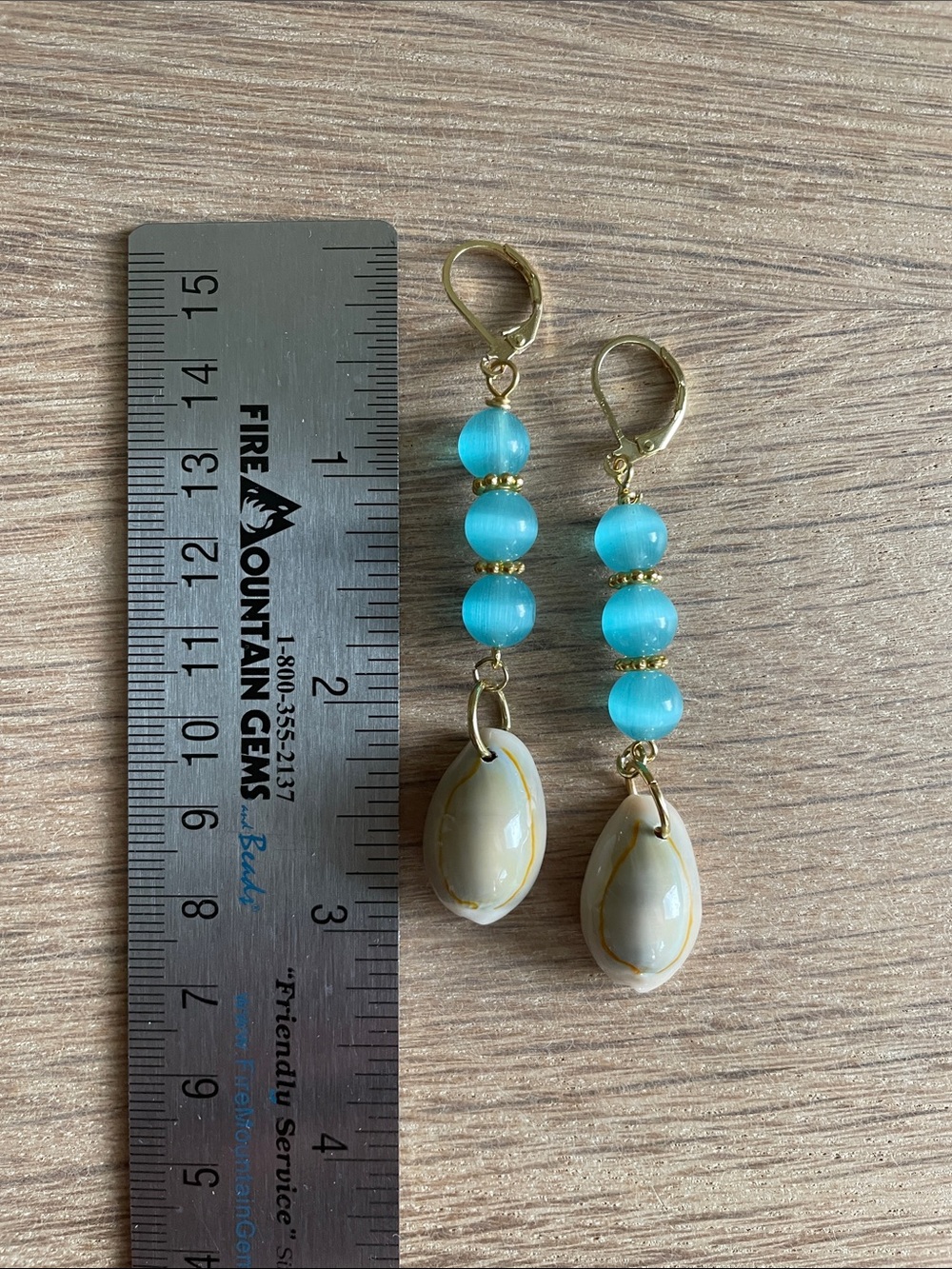 HAND CRAFTED BLUE CAT’S EYE COWRIE SHELL DANGLE EARRINGS Gold Beach Mermaidcore - Picture 8 of 9